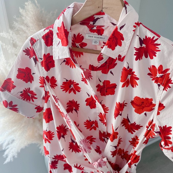 [SOLD] Floral Wrap Shirt Dress Womens XS White Red - Picture 6 of 13